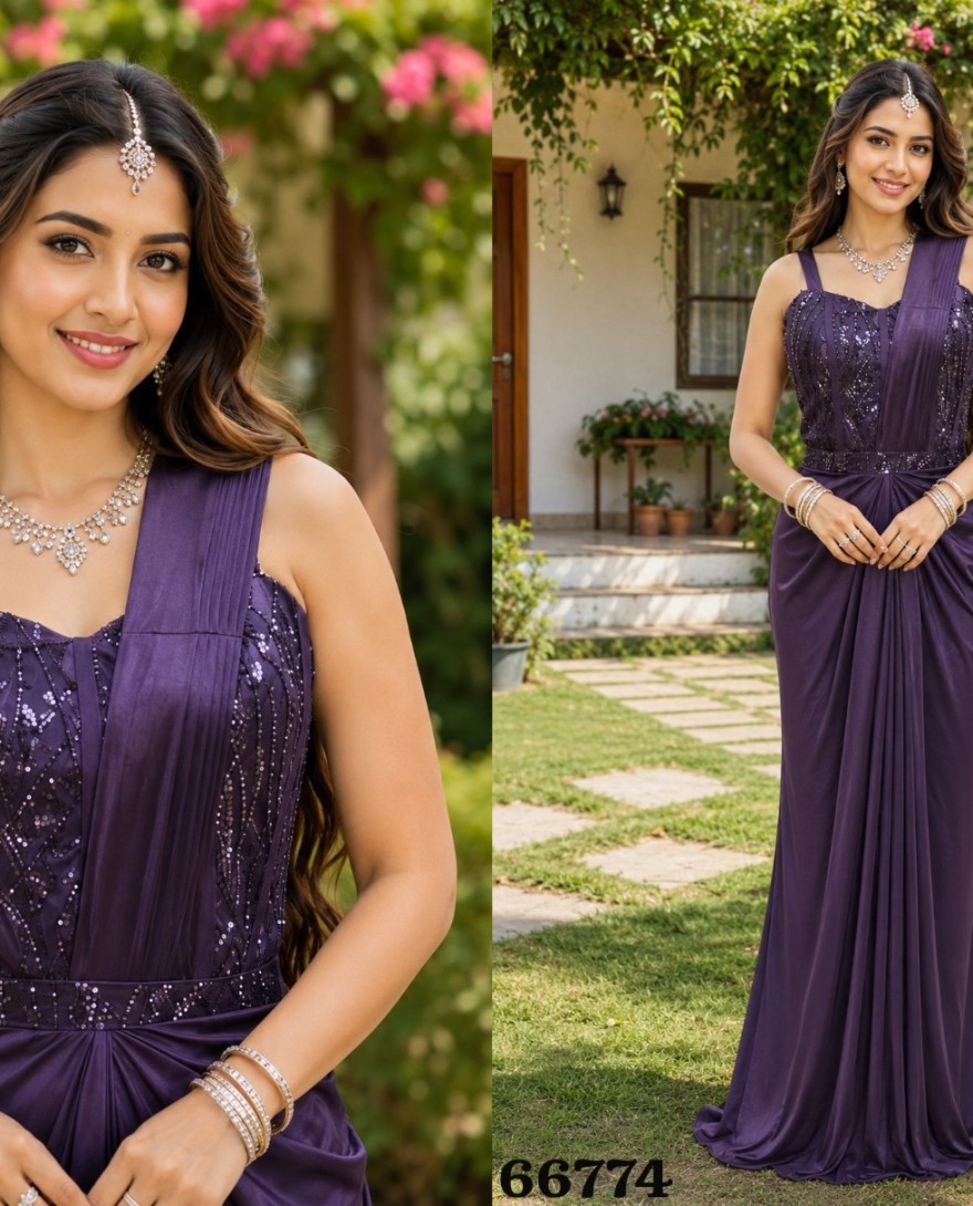 PURPLE - Purple Lycra Contemporary Saree with Embroidered Work for Ceremonial